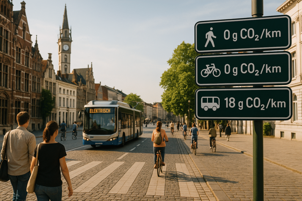 Ciudad europea sostenible con transporte limpio y señalética de carbono.
